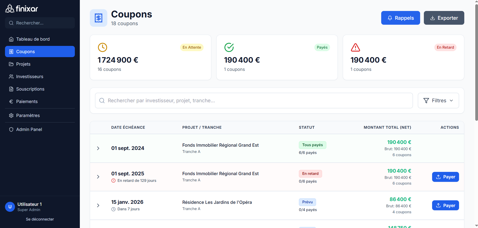 Tableau de gestion des coupons Finixar avec filtres par statut (Prévu, Payés, En Retard), montants détaillés et recherche avancée
