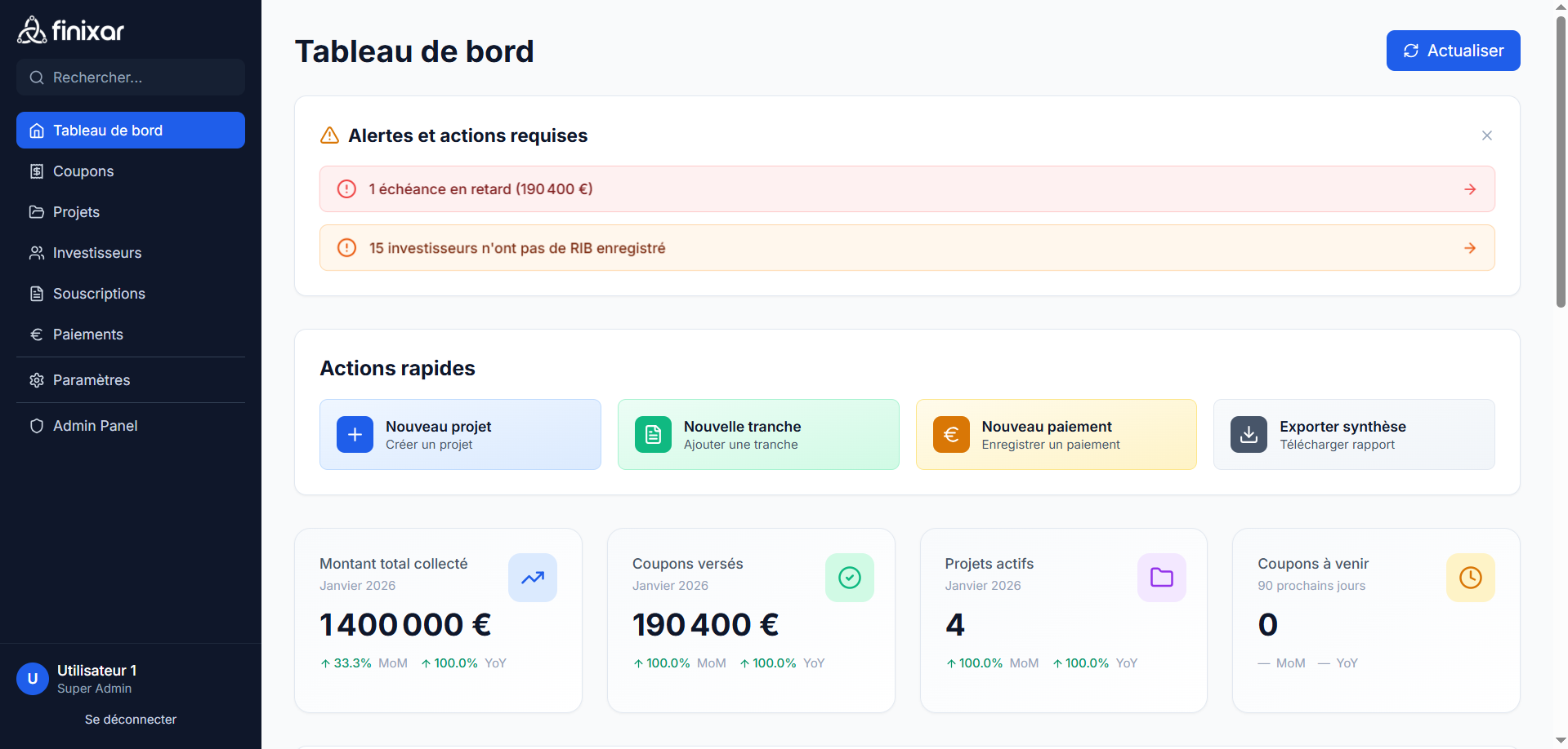 Tableau de bord Finixar montrant les statistiques d'investissement en temps réel, graphiques de performance et alertes de paiement