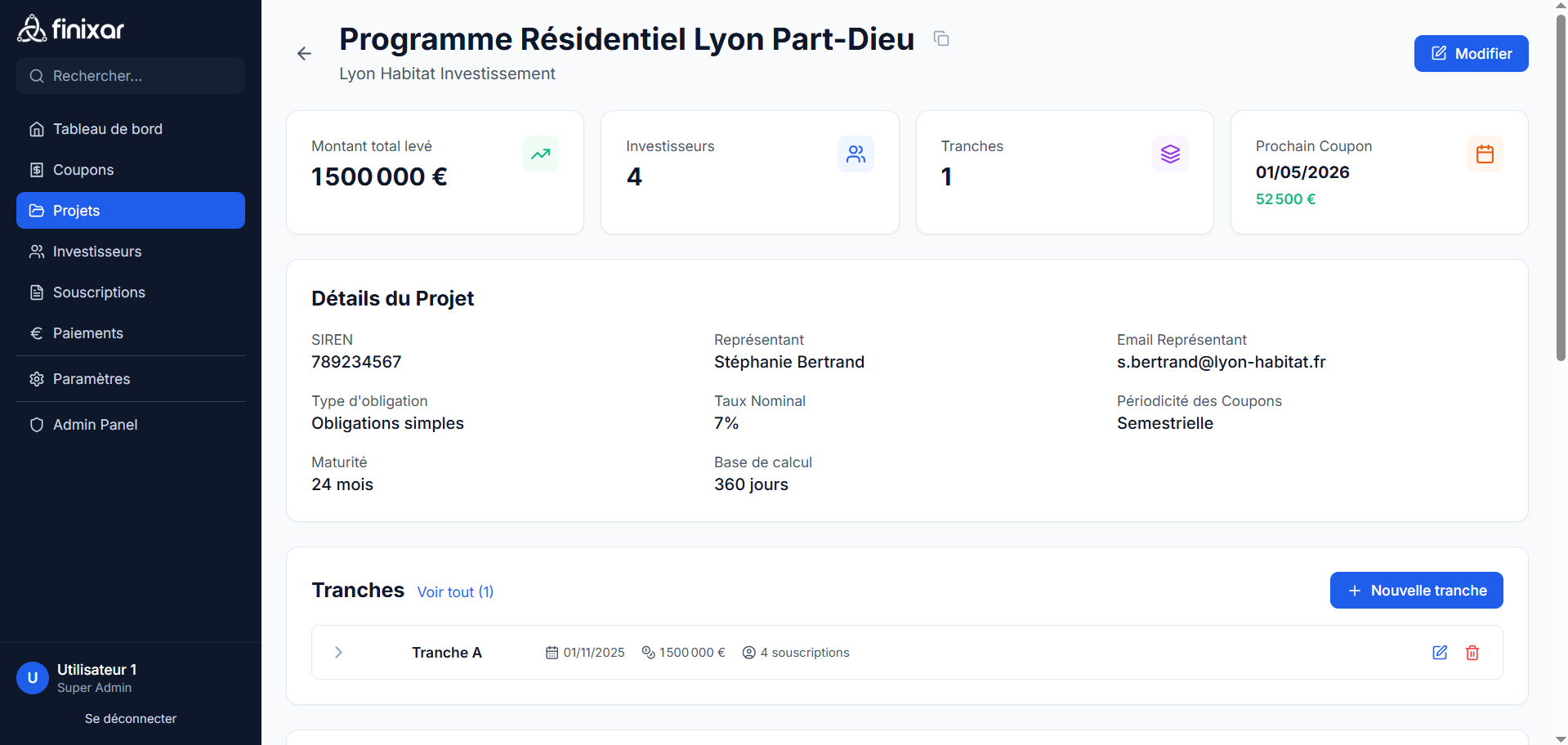 Interface de détails du projet Finixar affichant la timeline des tranches d'investissement, montants engagés et dates limites