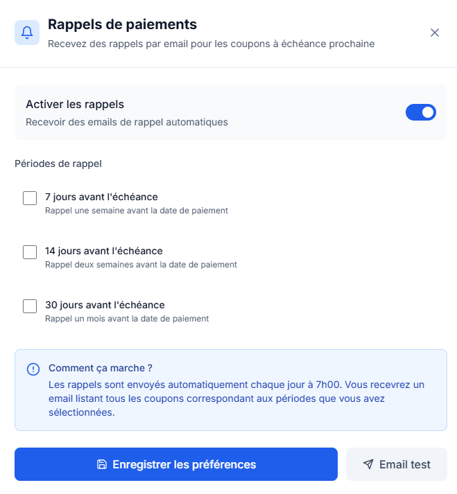 Interface de configuration des rappels automatiques de paiement avec sélection des périodes J-7, J-14 et J-30